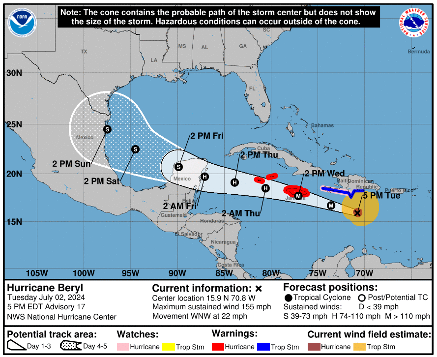 Major Hurricane Beryl continues trek toward Mexico, US Gulf