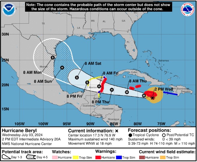 Hurricane Beryl on track to make landfall near US, Mexico
      border